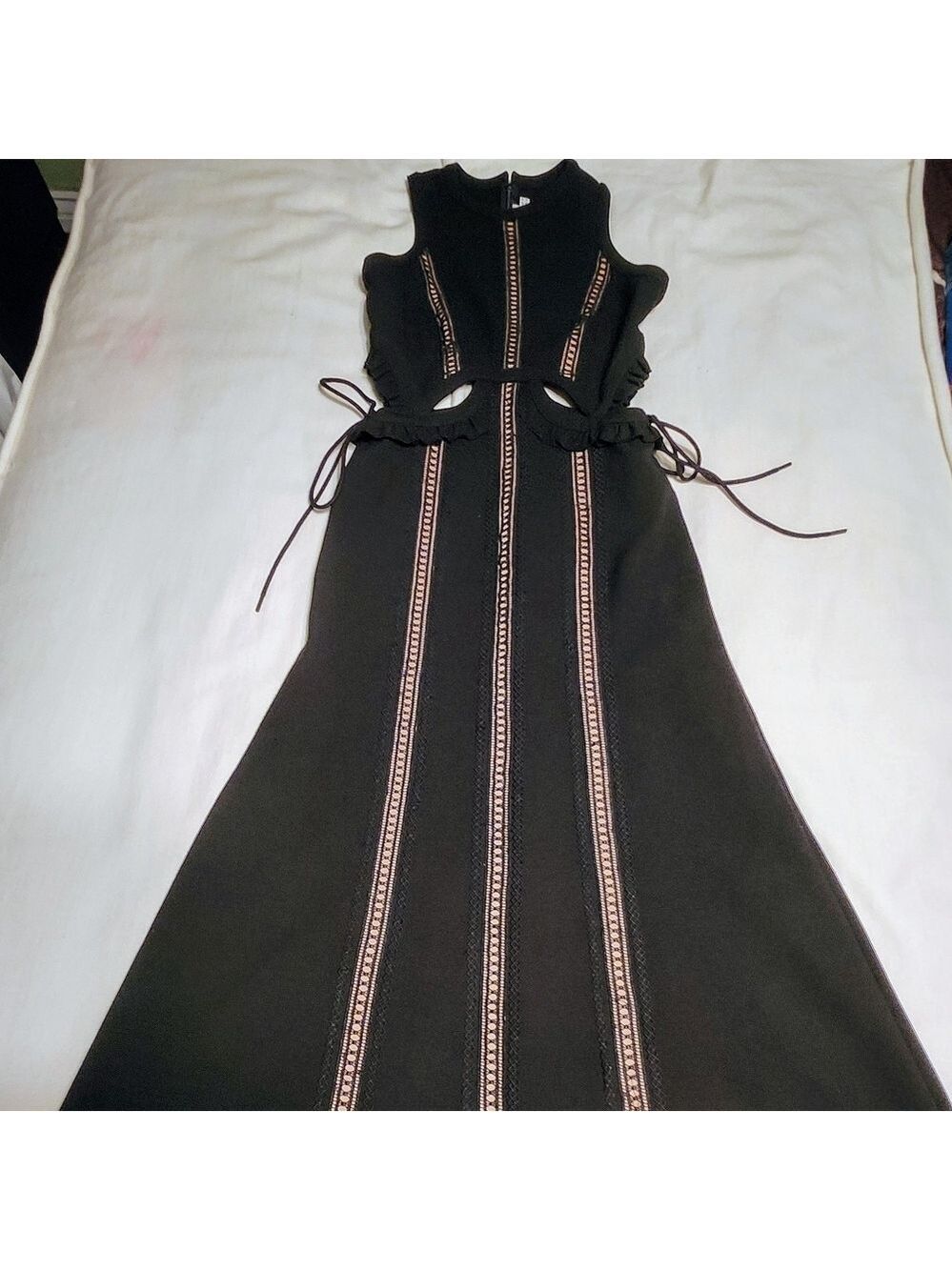 Self Portrait Black Nude Lace Ruffle Midi Fit And Flare Dress Size 4 - Picture 9 of 12